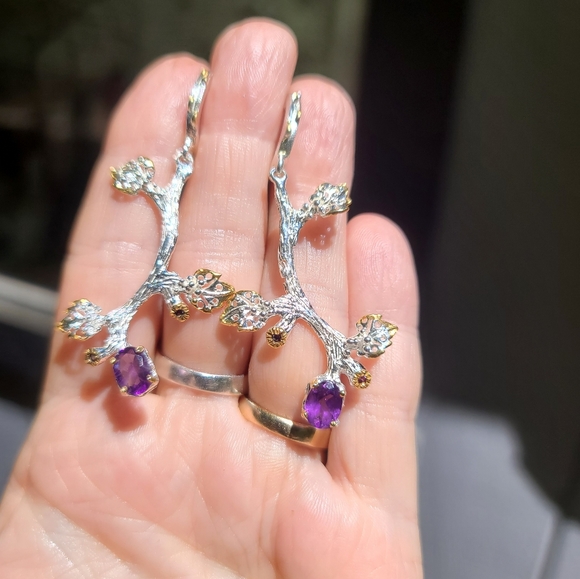Amethyst & Sapphire floral sterling & gold dramatic earrings - Picture 3 of 6
